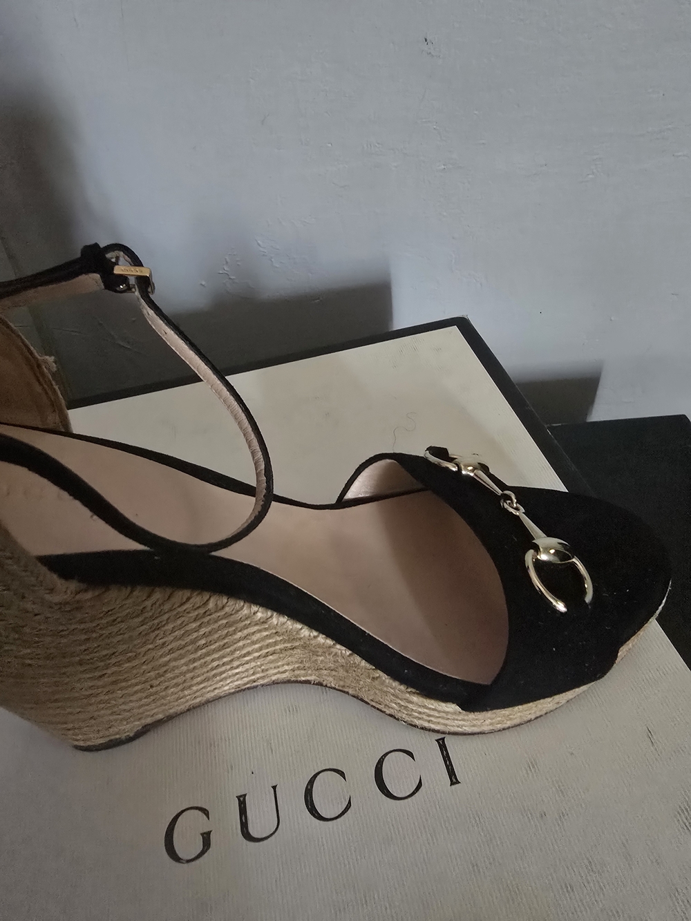Gucci Black Suede Wedge Sandals with Gold Bit - Picture 3 of 6